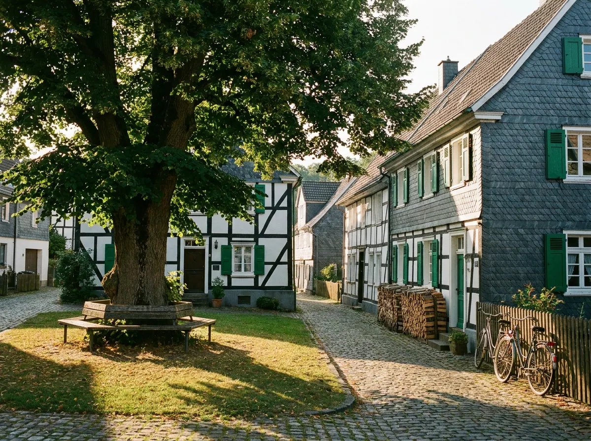 Ruhige Dorfstraße mit Fachwerkhäusern und altem Lindenbaum